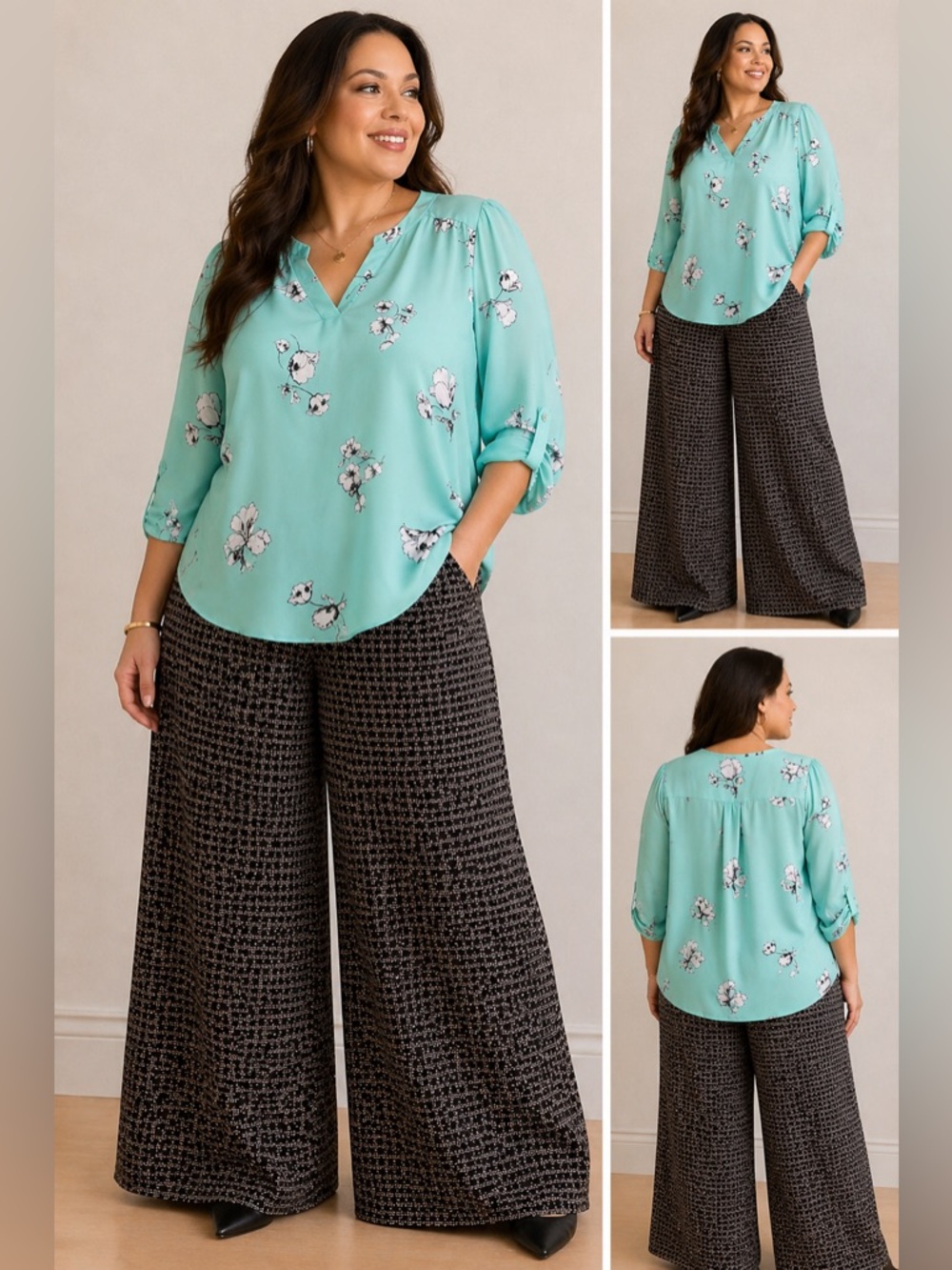 Worthington Woman 2X Blouse Teal Floral V Neck 3/4 Sleeve Plus Size